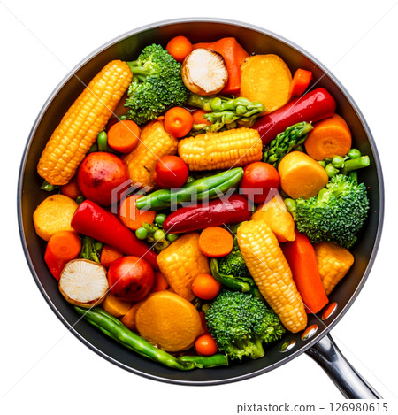 Colorful Assortment of Fresh Vegetables in a Nonstick Pan Ready for Cooking 126980615