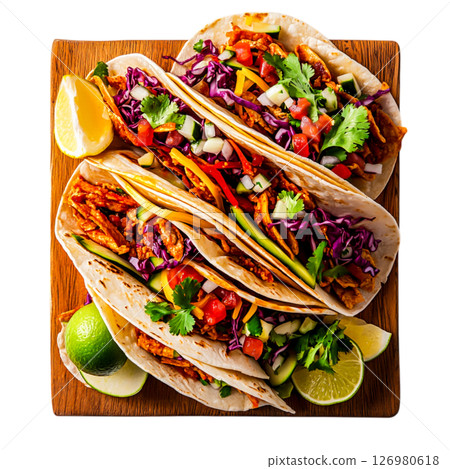 Colorful Tacos with Fresh Ingredients on Wooden Board Ready to Serve and Enjoy 126980618