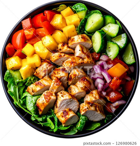 Colorful Grilled Chicken Salad with Fresh Vegetables and Tropical Fruits Colorful Grilled Chicken Salad with Fresh Vegetables and Tropical Fruits 126980626