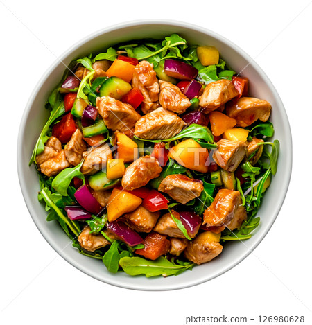 Fresh Chicken Salad with Colorful Vegetables and Healthy Greens in White Bowl 126980628
