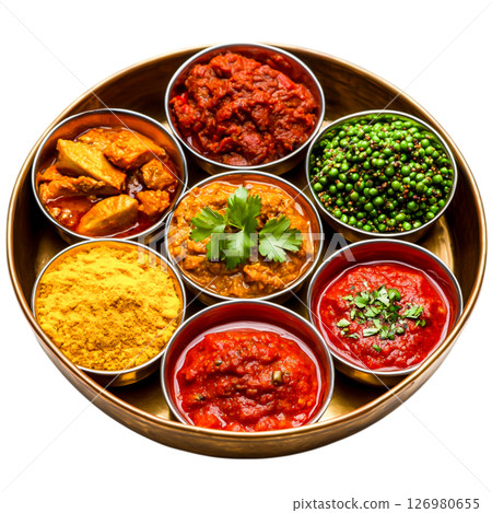 Colorful Selection of Indian Spices and Sauces in Traditional Serving Dish Colorful Selection of Indian Spices and Sauces in Traditional Serving Dish 126980655