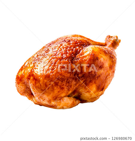 Golden Brown Roasted Whole Chicken on White Background Ready to Serve for Dinner 126980670