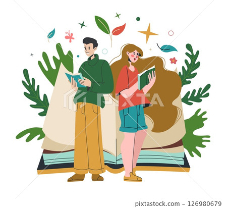 People read book. Man and woman enjoying of literature. Education for students. Knowledge in library or bookstore. Young smart boy and girl couple. Vector cartoon flat style isolated illustration People read book. Man and woman enjoying of literature. Education for students. Knowledge in library or bookstore. Young smart boy and girl couple. Vector cartoon flat style isolated illustration 126980679
