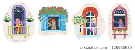 Child in window. Neighborhood safe. Kid looks out of balcony day. Neighbors talk. Cartoon home open glass casements. Baby watering plants in house. Children communication. Vector comic illustration Child in window. Neighborhood safe. Kid looks out of balcony day. Neighbors talk. Cartoon home open glass casements. Baby watering plants in house. Children communication. Vector comic illustration 126980680