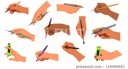 Hand hold pen. Pencil held by black wrist. Cartoon arm writing with marker. Brush or stylus in human fingers. Diverse female positions. School stationary. Drawing poses set. Vector flat graphic tools Hand hold pen. Pencil held by black wrist. Cartoon arm writing with marker. Brush or stylus in human fingers. Diverse female positions. School stationary. Drawing poses set. Vector flat graphic tools 126980681