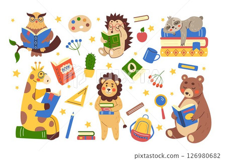Animals study. Cartoon characters. Textbook for education. Jungle and forest mammals read books in school. Childish drawing. Pet kids learning in library. Student backpack. Vector tidy illustration Animals study. Cartoon characters. Textbook for education. Jungle and forest mammals read books in school. Childish drawing. Pet kids learning in library. Student backpack. Vector tidy illustration 126980682