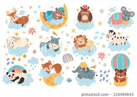Cute animal sleeps. Cartoon character dreams on moon. Sky clouds and stars. Baby deer or bear doze under blanket. Drawn for kids night. Doodle print sticker. Vector children tidy illustrations set 126980683