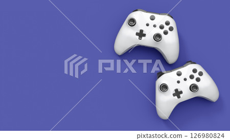 Realistic white video game joysticks or gamepads on violet background 126980824
