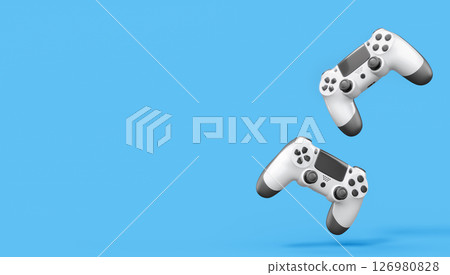 Realistic white video game joysticks or gamepads on blue background Realistic white video game joysticks or gamepads on blue background 126980828