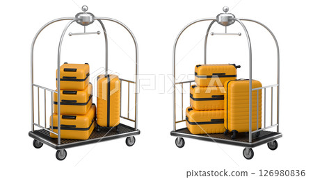 Set of Regular suitcase on hotel trolley cart for carrying baggage on white background 126980836