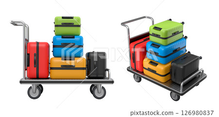 Set of Regular suitcase on hotel trolley cart for carrying baggage on white background 126980837