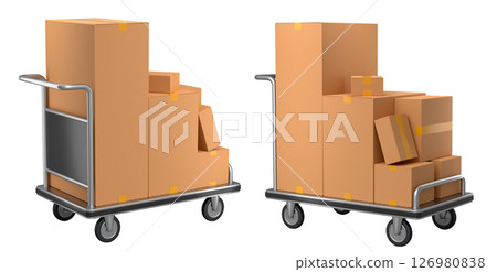 Set of Airport luggage cart or baggage trolley side with cardboard boxes or cartons 126980838