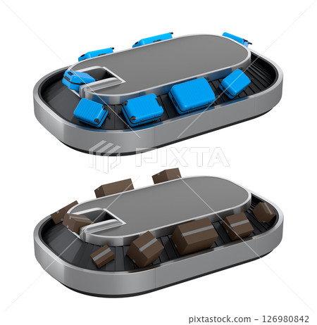 Set of Airport luggage conveyor belt or baggage claim area with suitcases on white. Set of Airport luggage conveyor belt or baggage claim area with suitcases on white. 126980842