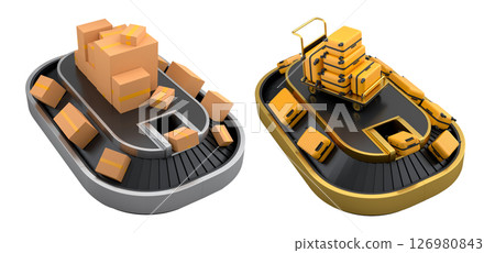 Set of Airport luggage conveyor belt or baggage claim area with suitcases on white. Set of Airport luggage conveyor belt or baggage claim area with suitcases on white. 126980843