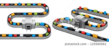 Set of Airport luggage conveyor belt or baggage claim area with suitcases on white. Set of Airport luggage conveyor belt or baggage claim area with suitcases on white. 126980862