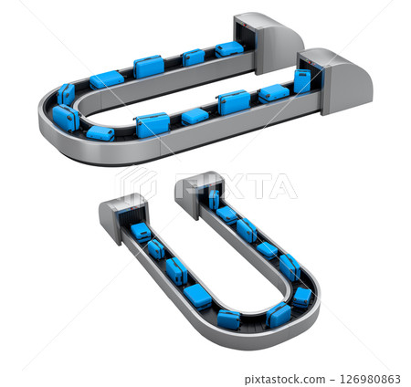 Set of Airport luggage conveyor belt or baggage claim area with suitcases on white. 126980863