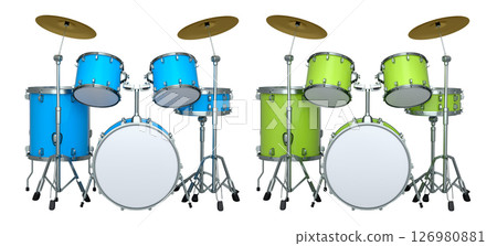 Set of realistic drums with metal cymbals or drumset on white background 126980881