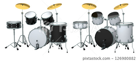 Set of realistic drums with metal cymbals or drumset on white background 126980882