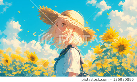 Summer profile illustration of a girl surrounded by blue sky and sunflowers 126980896