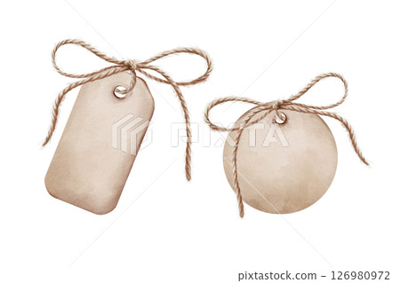 Vintage beige tags in round and rectangular shapes with rounded edges with holes and tie bows of their twine rope with blank space for your imprint. Hand drawn watercolor illustration Vintage beige tags in round and rectangular shapes with rounded edges with holes and tie bows of their twine rope with blank space for your imprint. Hand drawn watercolor illustration 126980972