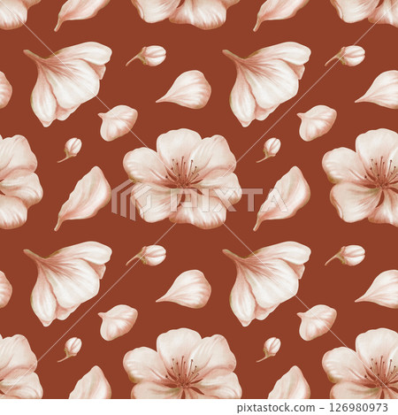 Cherry blossoms and delicate buds,petals in seamless pattern on red brown background. Soft watercolor floral illustration for spring wedding decor, botanical branding or romantic stationery design Cherry blossoms and delicate buds,petals in seamless pattern on red brown background. Soft watercolor floral illustration for spring wedding decor, botanical branding or romantic stationery design 126980973
