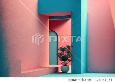 Abstract colorful interior with plants and minimalistic decorations. Vivid colored architectural background. Generated AI. 126981031
