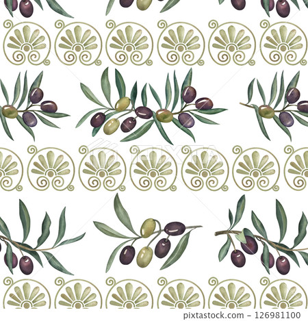 Seamless pattern with olive branches, green, purple fruits, and Greek ornaments. The watercolor illustration is hand-drawn in a botanical style. For fabric, wallpaper, textiles, packaging, gift paper Seamless pattern with olive branches, green, purple fruits, and Greek ornaments. The watercolor illustration is hand-drawn in a botanical style. For fabric, wallpaper, textiles, packaging, gift paper 126981100