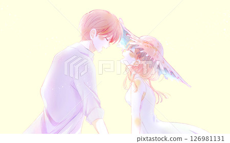 Happy men and women facing each other, summer, straw hats, backlit Happy men and women facing each other, summer, straw hats, backlit 126981131