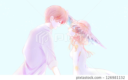 Happy men and women facing each other, summer, straw hats, backlit Happy men and women facing each other, summer, straw hats, backlit 126981132