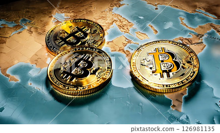 Golden bitcoins resting atop global map, representing worldwide cryptocurrency network and blockchain technology's financial impact 126981135