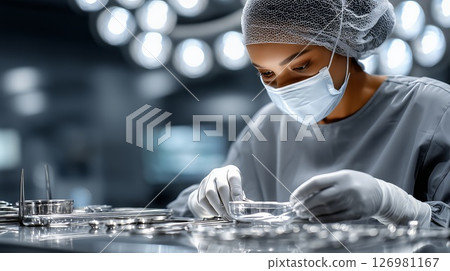 Female surgeon preparing sterile surgical instruments, wearing protective medical attire, standing near bright operating room lights ready for complex procedure Female surgeon preparing sterile surgical instruments, wearing protective medical attire, standing near bright operating room lights ready for complex procedure 126981167