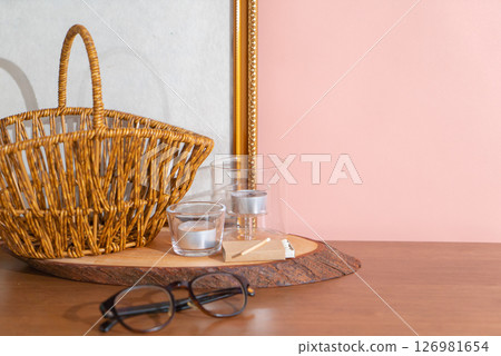 A stylish lifestyle scene with a pink background and miscellaneous goods lined up A stylish lifestyle scene with a pink background and miscellaneous goods lined up 126981654