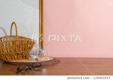 A stylish lifestyle scene with a pink background and miscellaneous goods lined up A stylish lifestyle scene with a pink background and miscellaneous goods lined up 126981655