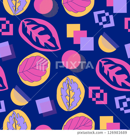 Vector seamless pattern with multicolor geometric shapes and calathea leaves on dark background. Illustration for hipsters Memphis style. 126981689