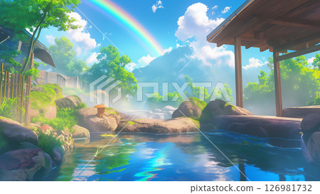 Mountain hot spring landscape with rainbow, anime style 126981732