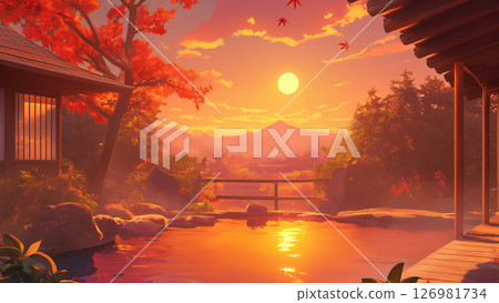 日落溫泉風景，動漫風格 126981734