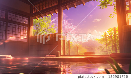 夕陽映照下的溫泉旅館風景,動漫風格 夕陽映照下的溫泉旅館風景,動漫風格 126981736
