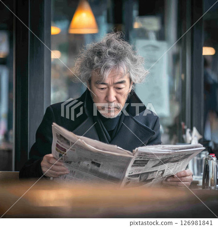 一位中年男子在咖啡館裡看報紙的肖像 126981841