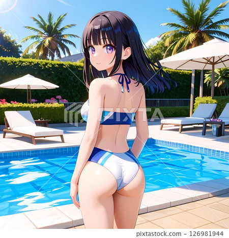 A woman in a white swimsuit looking back by the pool 126981944