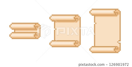 Ancient vertical parchment roll, old paper blank scroll pixel art vector set, convolute antique papyrus document sheet 126981972