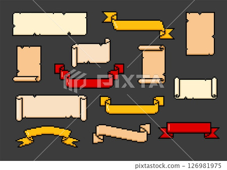 Ribbon banners, ancient parchment roll, old paper blank scroll different colors pixel art, 8 bit tape frames vector set 126981975