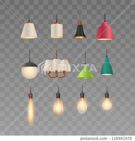 Ceiling lamps with different lampshade and light bulb, realistic hanging chandelier switch on, illumination vector set 126981978