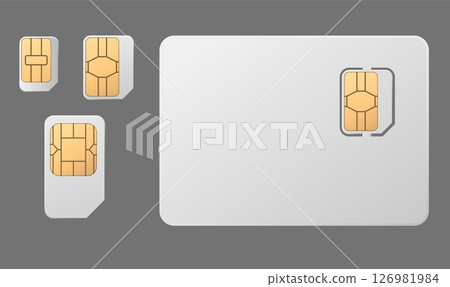 Sim cards different sizes with microchip 3D vector set, GSM wireless equipment, smartphone subscriber identity module Sim cards different sizes with microchip 3D vector set, GSM wireless equipment, smartphone subscriber identity module 126981984