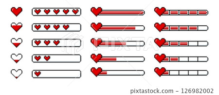 Progress bar game menu with heart symbol pixel art vector set, retro 8 bit level scales, life, energy or health scores 126982002