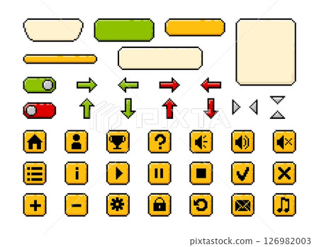 Set of vector buttons, frames for ui game design user interface pixel art, keyboard items for menu, settings and options Set of vector buttons, frames for ui game design user interface pixel art, keyboard items for menu, settings and options 126982003