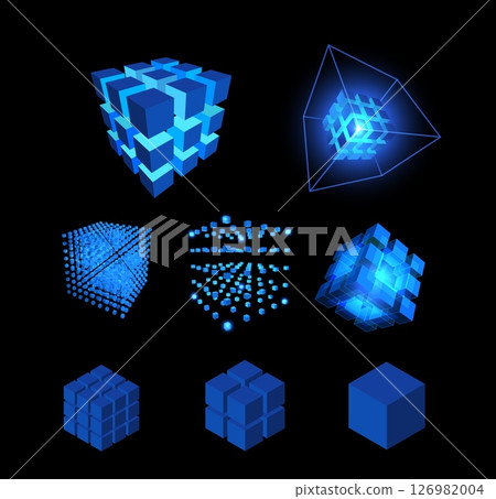Vector illustration of energy blue cubes set, different shapes, glowing with neon light. 126982004