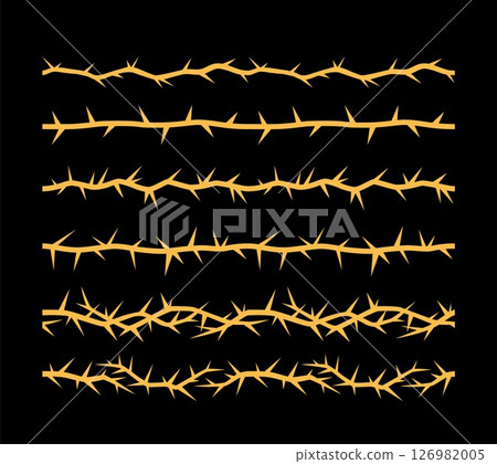 Barbwire, thorny orange frame vector illustrations set, prison, boundary barb lines, sharp fence, torn stem rusty design Barbwire, thorny orange frame vector illustrations set, prison, boundary barb lines, sharp fence, torn stem rusty design 126982005