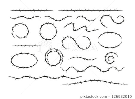 Barbwire, thorny frames different shapes vector set, wreath, barb line silhouettes, round curly and wavy sharp torn stem Barbwire, thorny frames different shapes vector set, wreath, barb line silhouettes, round curly and wavy sharp torn stem 126982010