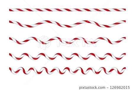 Christmas candy cane straight and wave lines from red white twisted stripes, stripes candy lollipop pattern vector set Christmas candy cane straight and wave lines from red white twisted stripes, stripes candy lollipop pattern vector set 126982015