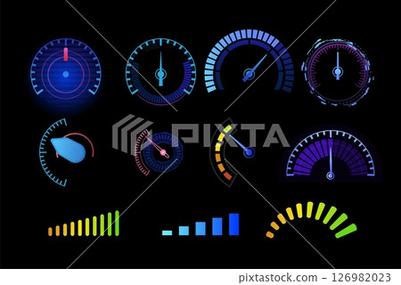 Vector set of automotive neon blue speedometer panels, with dial, scale and battery indicator. Vector set of automotive neon blue speedometer panels, with dial, scale and battery indicator. 126982023